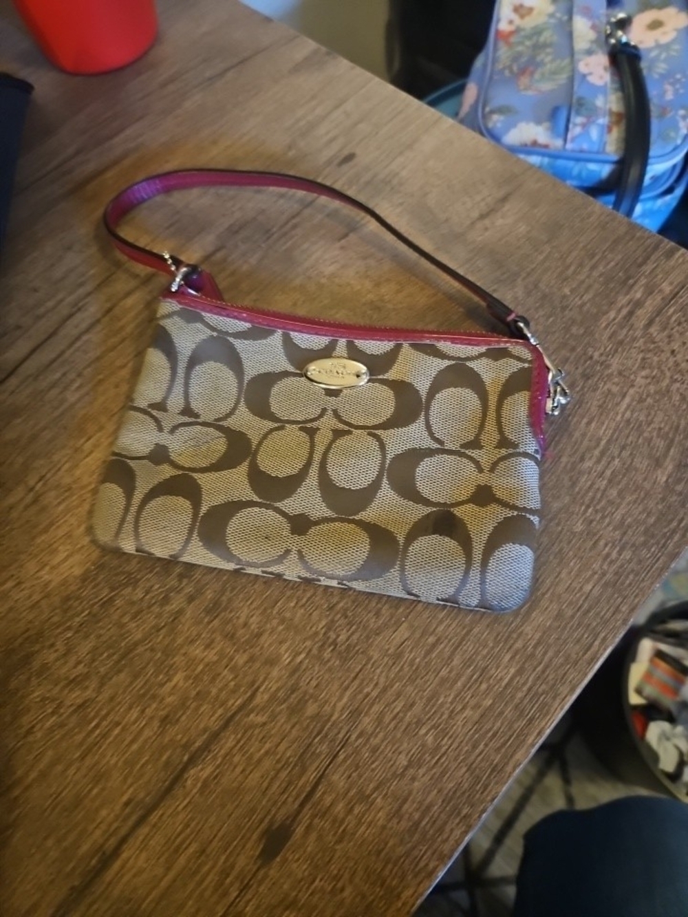 Coach Brown Signature Canvas Wristlet with Pink Trim